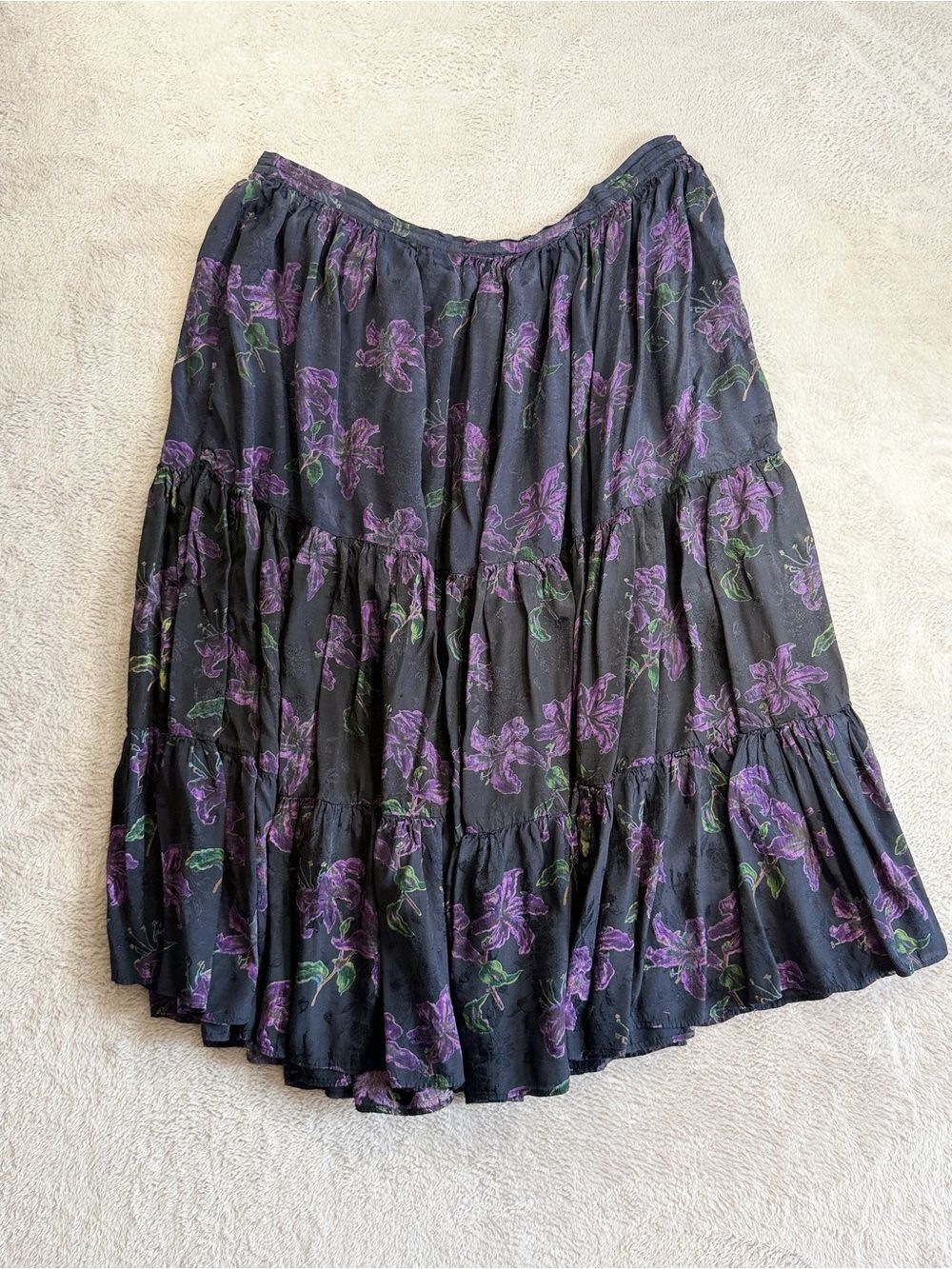 Vintage Sarah Arizona Black Floral Tiered Midi Skirt - L/XL 💯 Rayon